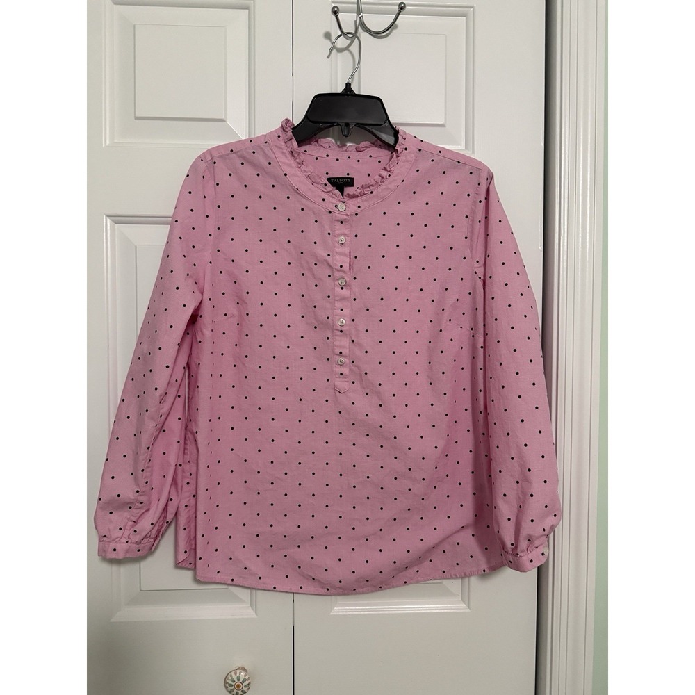 Talbots Women's L Petite Pink‎ Black Polka Dot Ruffled Neck Long Sleeve Popover